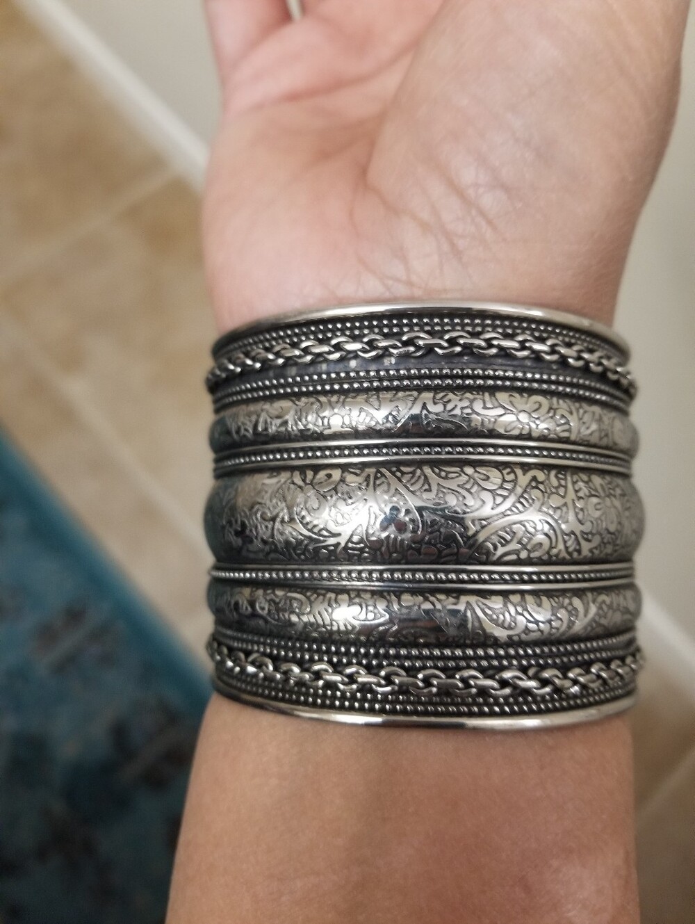 Silver Extra wide Cuff Bracelet Ethnic